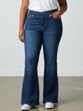 Halara Flex High Waisted Crossover Super Flare Jeans Women Medium Dark Wash L